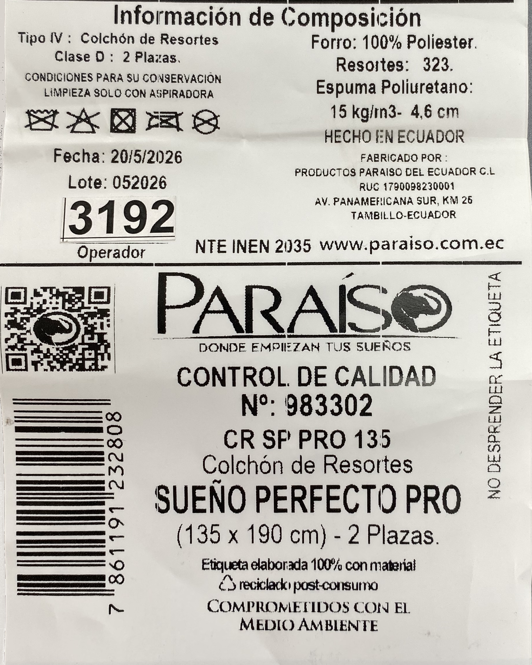 Ejemplo de etiqueta de producto Paraíso
